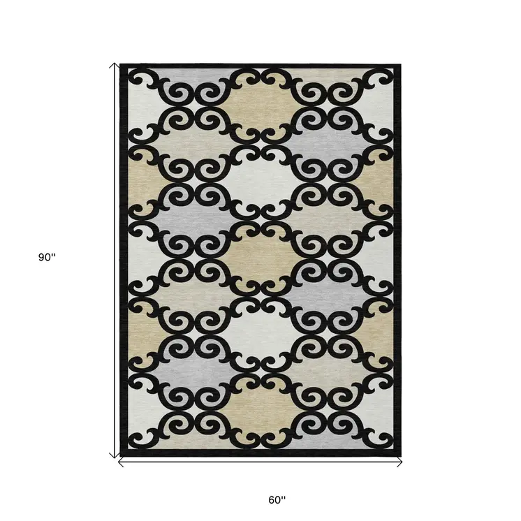 5' X 8' Black Gray And Ivory Trellis Washable Indoor Outdoor Area Rug