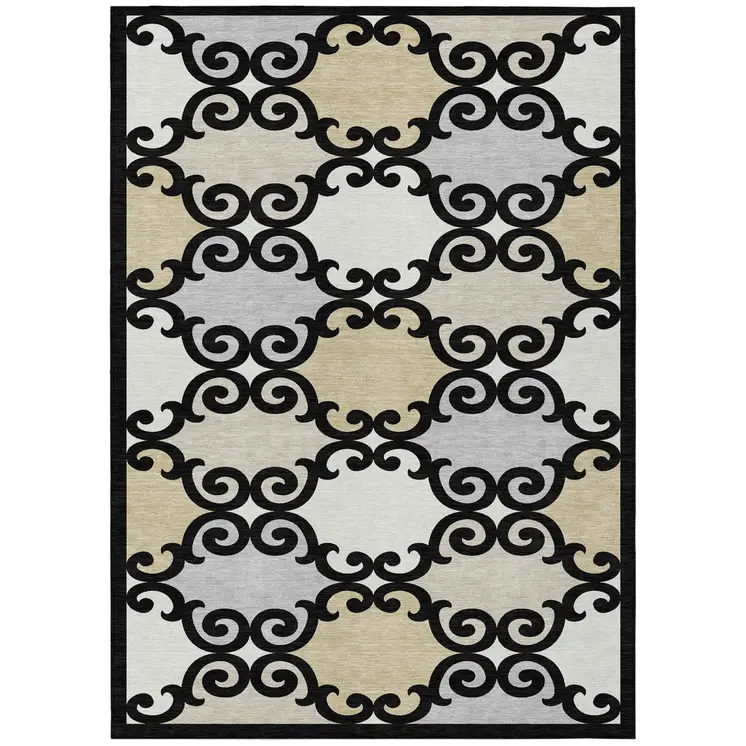 5' X 8' Black Gray And Ivory Trellis Washable Indoor Outdoor Area Rug