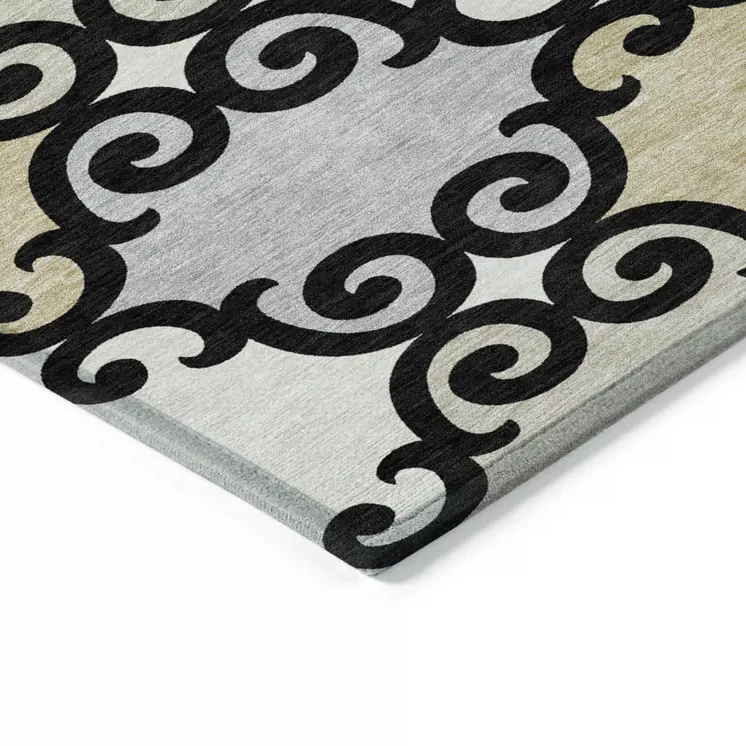 5' X 8' Black Gray And Ivory Trellis Washable Indoor Outdoor Area Rug