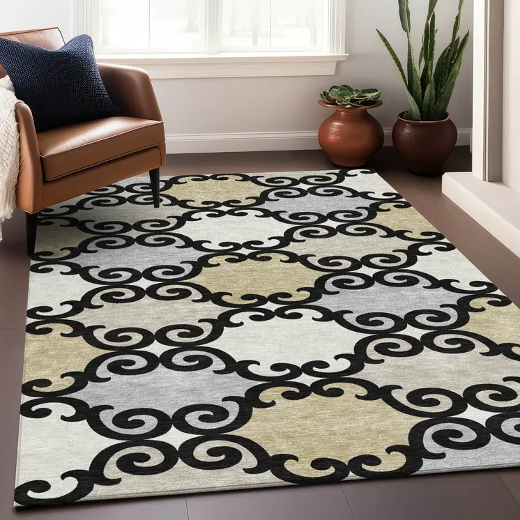 5' X 8' Black Gray And Ivory Trellis Washable Indoor Outdoor Area Rug