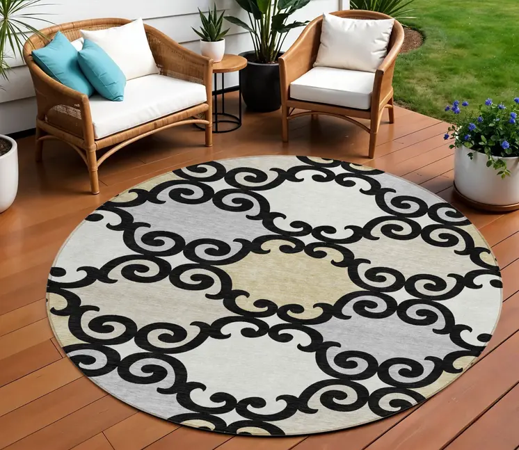 8' Black Gray And Ivory Round Trellis Washable Indoor Outdoor Area Rug