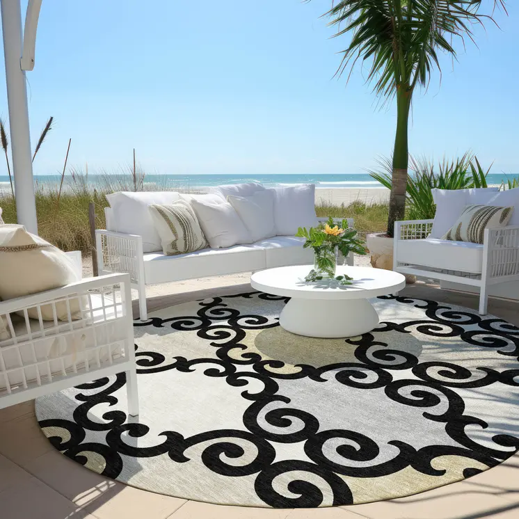 8' Black Gray And Ivory Round Trellis Washable Indoor Outdoor Area Rug