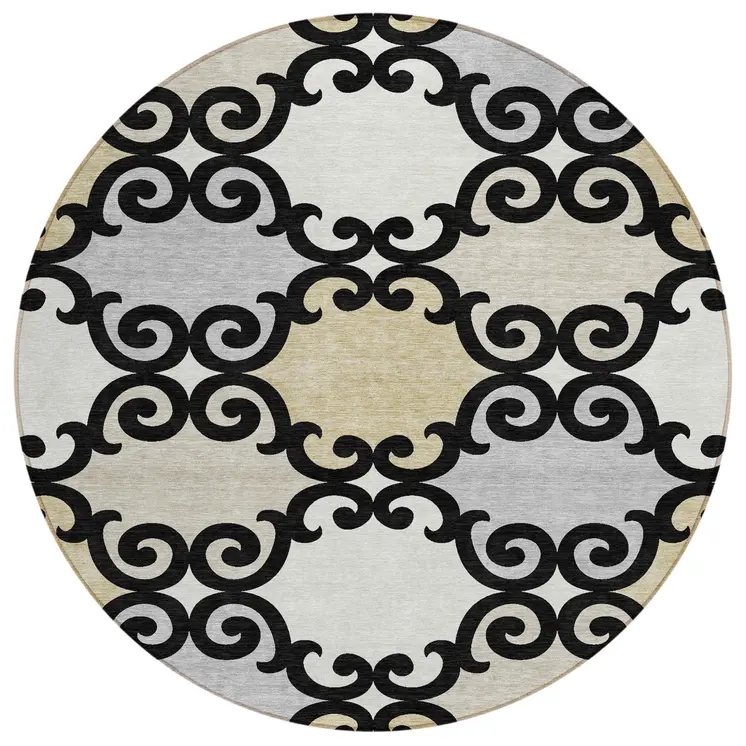 8' Black Gray And Ivory Round Trellis Washable Indoor Outdoor Area Rug