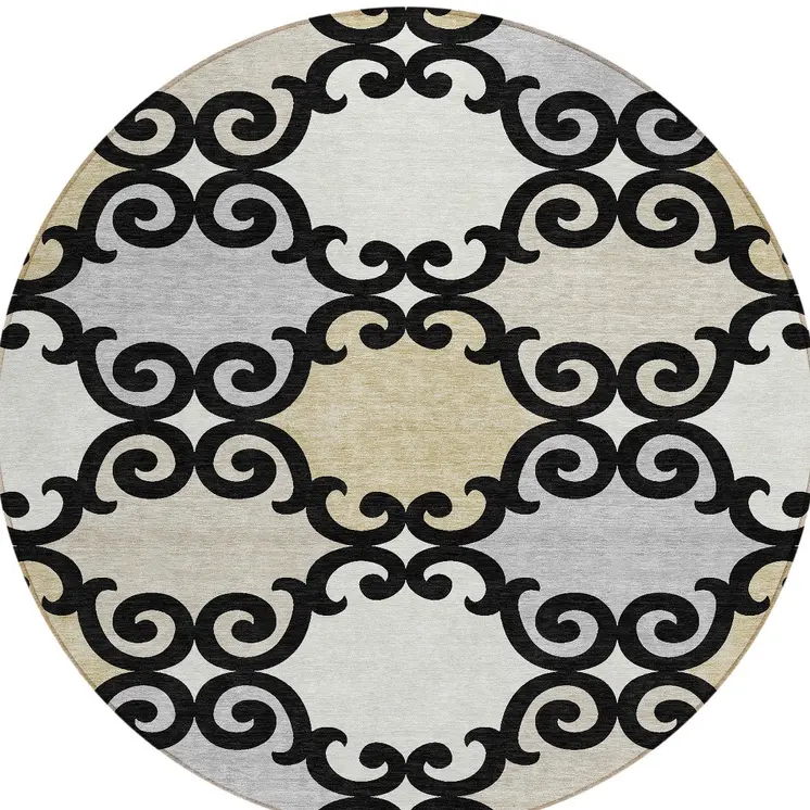 8' Black Gray And Ivory Round Trellis Washable Indoor Outdoor Area Rug