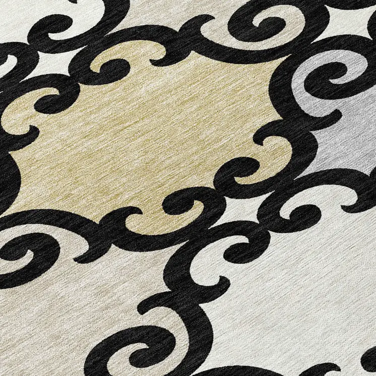 8' Black Gray And Ivory Round Trellis Washable Indoor Outdoor Area Rug