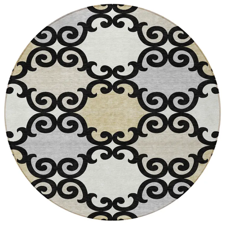 8' Black Gray And Ivory Round Trellis Washable Indoor Outdoor Area Rug