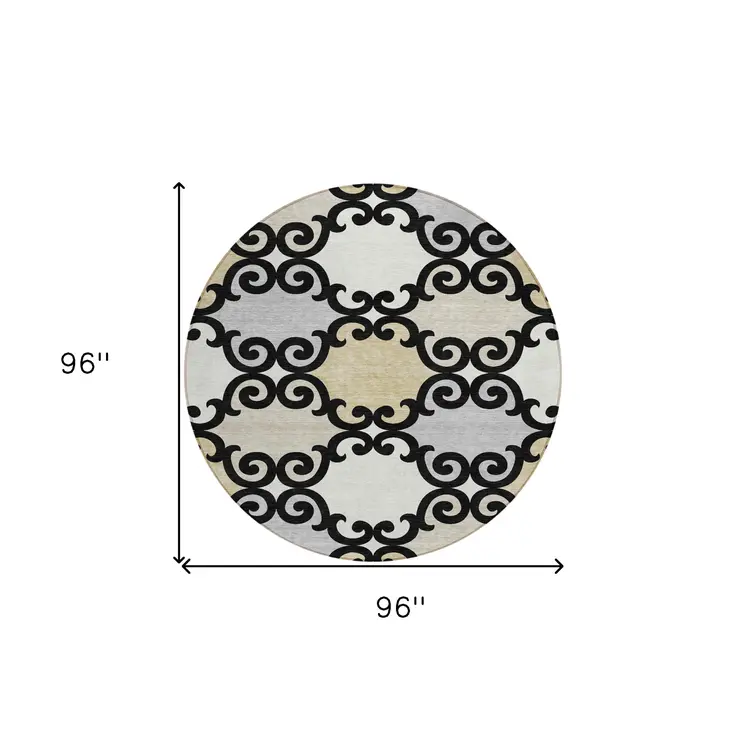 8' Black Gray And Ivory Round Trellis Washable Indoor Outdoor Area Rug