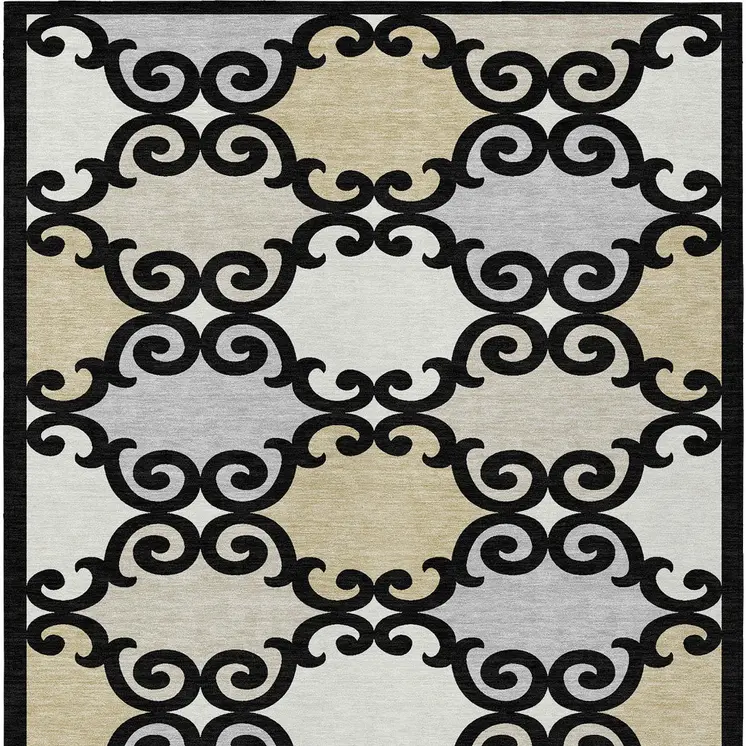 8' X 10' Black Gray And Ivory Trellis Washable Indoor Outdoor Area Rug
