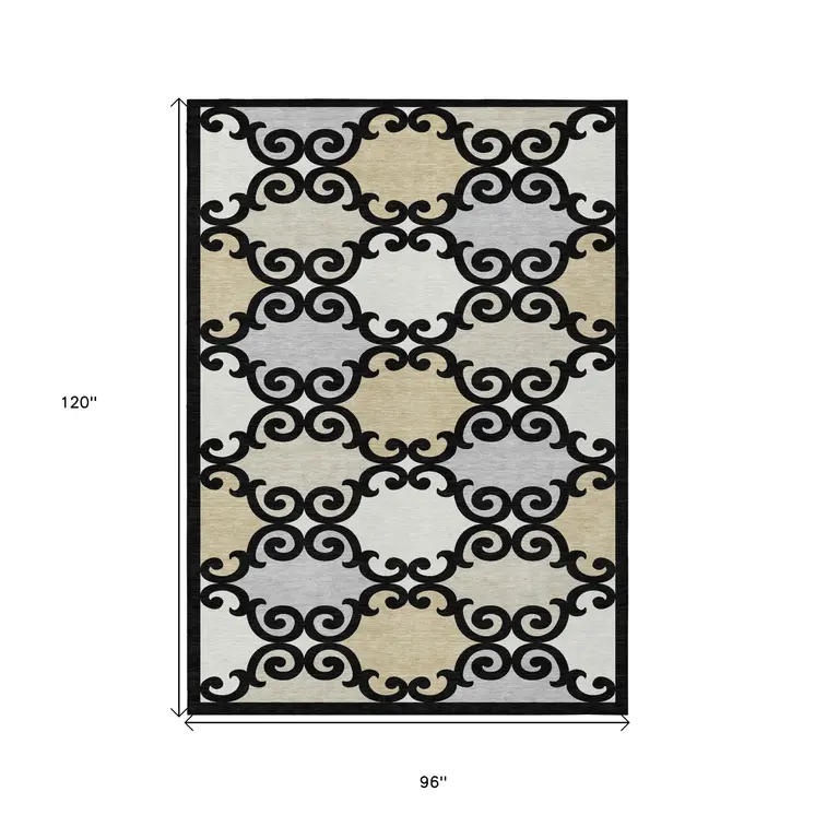 8' X 10' Black Gray And Ivory Trellis Washable Indoor Outdoor Area Rug