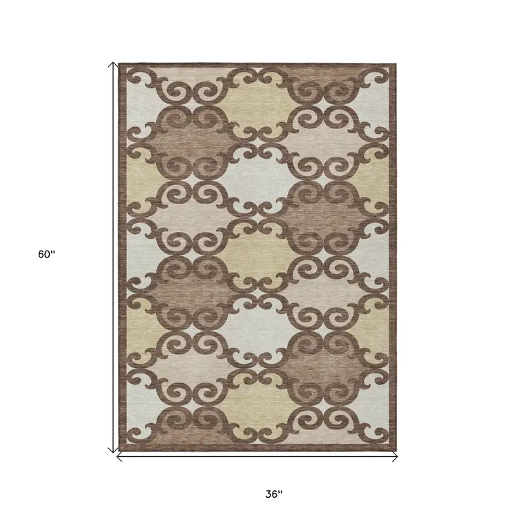 3' X 5' Brown And Beige Trellis Washable Indoor Outdoor Area Rug