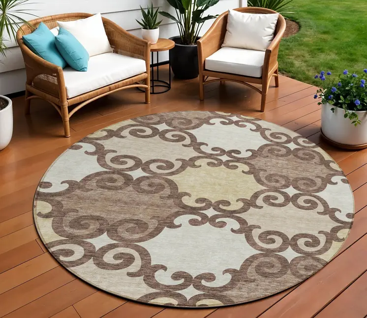 8' Brown And Beige Round Trellis Washable Indoor Outdoor Area Rug