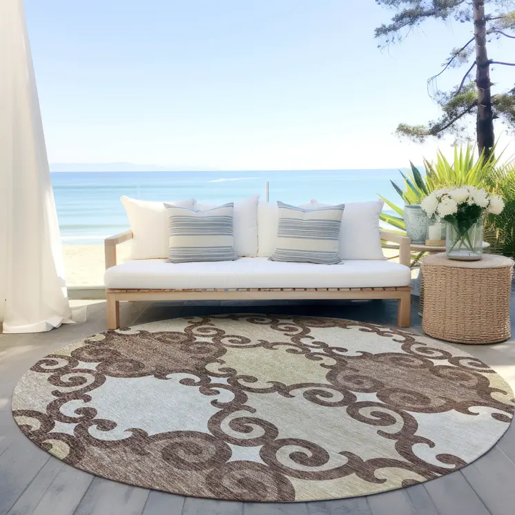 8' Brown And Beige Round Trellis Washable Indoor Outdoor Area Rug