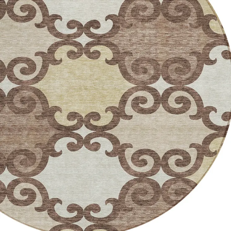 8' Brown And Beige Round Trellis Washable Indoor Outdoor Area Rug