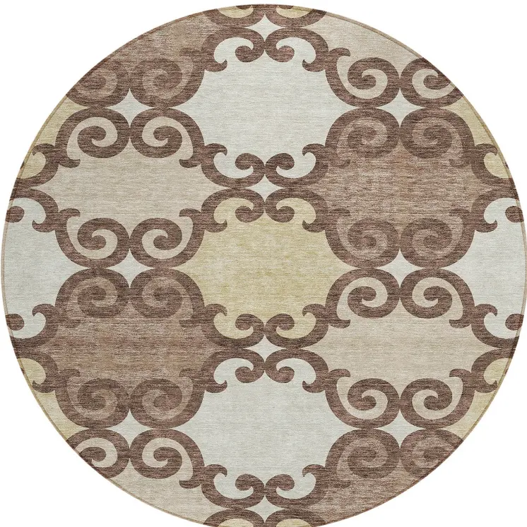 8' Brown And Beige Round Trellis Washable Indoor Outdoor Area Rug