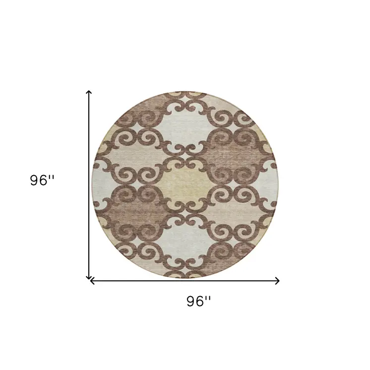 8' Brown And Beige Round Trellis Washable Indoor Outdoor Area Rug