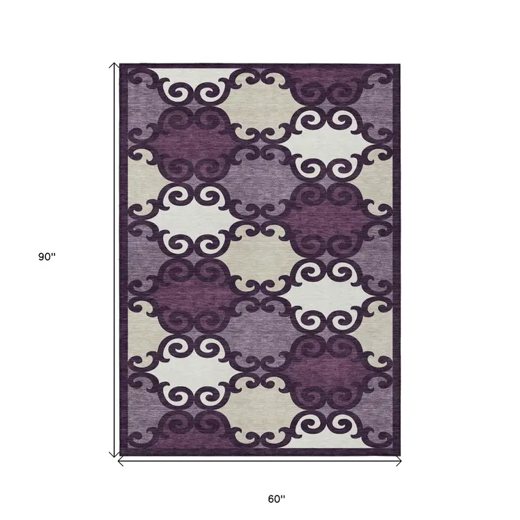 5' X 8' Eggplant And Ivory Trellis Washable Indoor Outdoor Area Rug