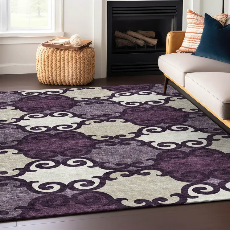 5' X 8' Eggplant And Ivory Trellis Washable Indoor Outdoor Area Rug