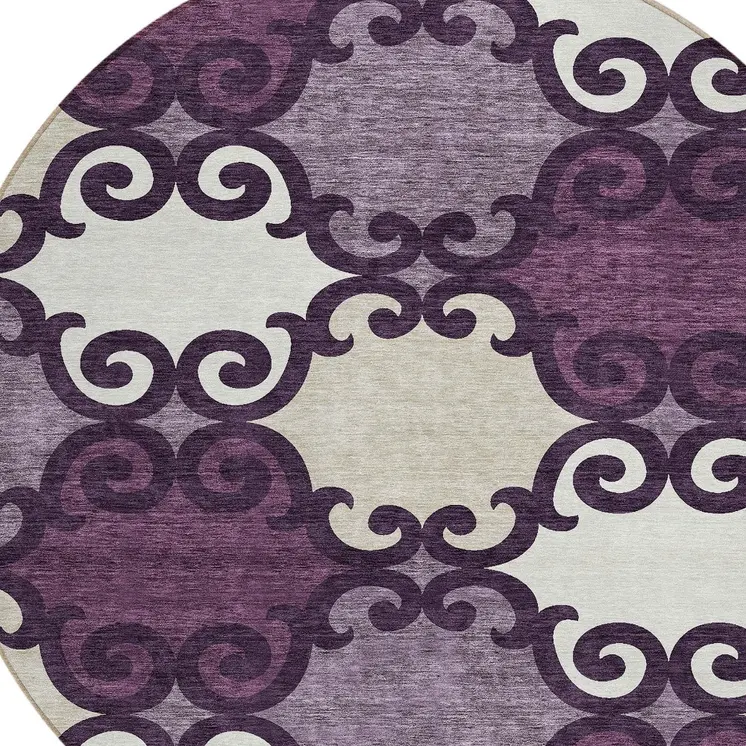 8' Eggplant And Ivory Round Trellis Washable Indoor Outdoor Area Rug