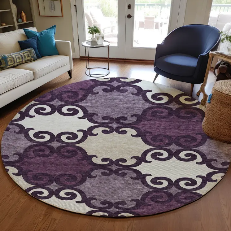 8' Eggplant And Ivory Round Trellis Washable Indoor Outdoor Area Rug