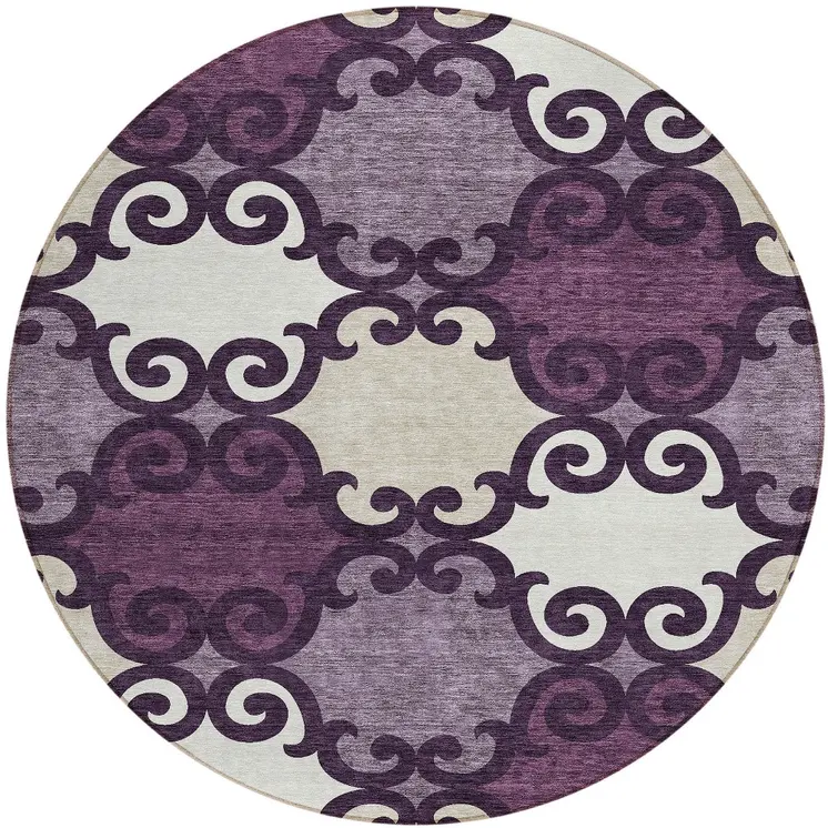 8' Eggplant And Ivory Round Trellis Washable Indoor Outdoor Area Rug