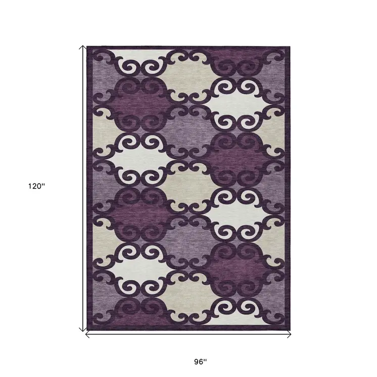 8' X 10' Eggplant And Ivory Trellis Washable Indoor Outdoor Area Rug
