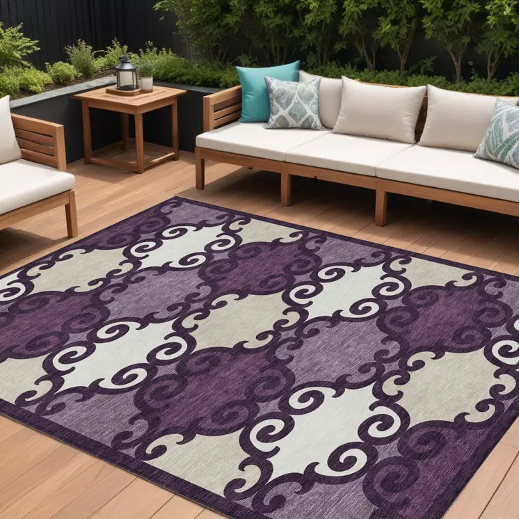 8' X 10' Eggplant And Ivory Trellis Washable Indoor Outdoor Area Rug