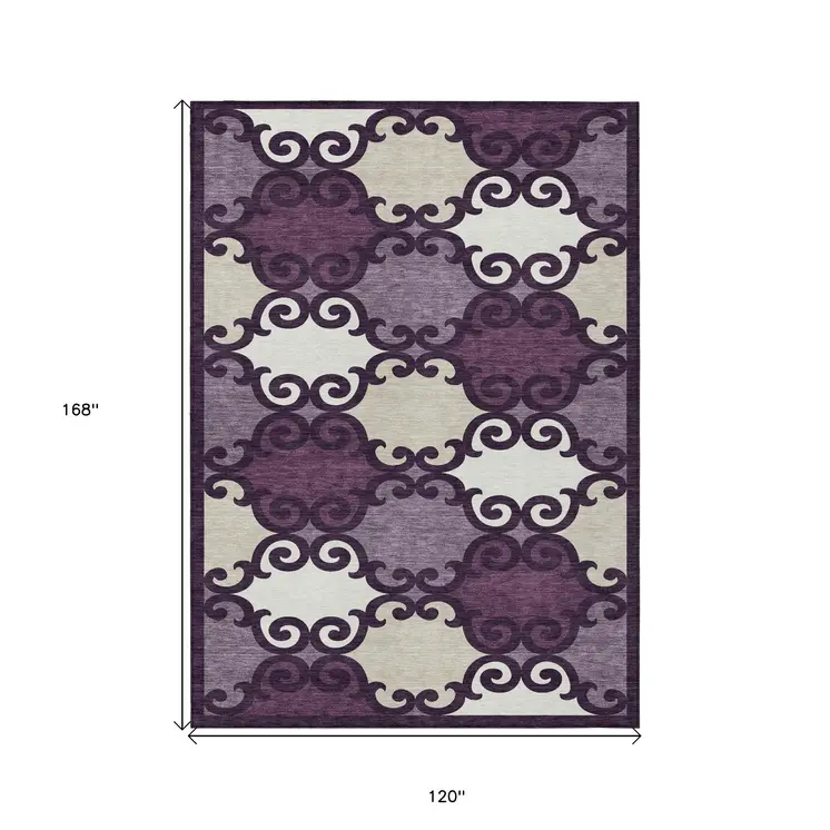 10' X 14' Eggplant And Ivory Trellis Washable Indoor Outdoor Area Rug