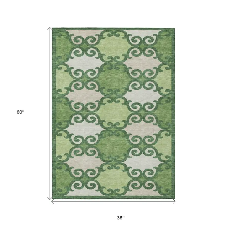 3' X 5' Green And Ivory Trellis Washable Indoor Outdoor Area Rug