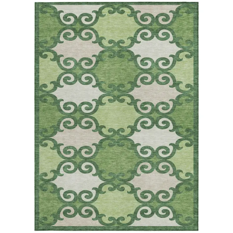 5' X 8' Green And Ivory Trellis Washable Indoor Outdoor Area Rug