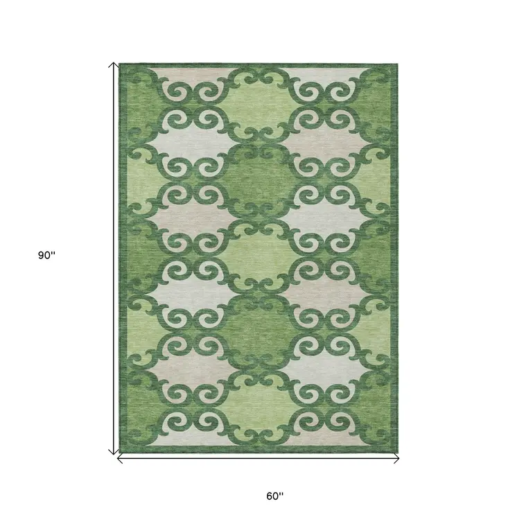 5' X 8' Green And Ivory Trellis Washable Indoor Outdoor Area Rug