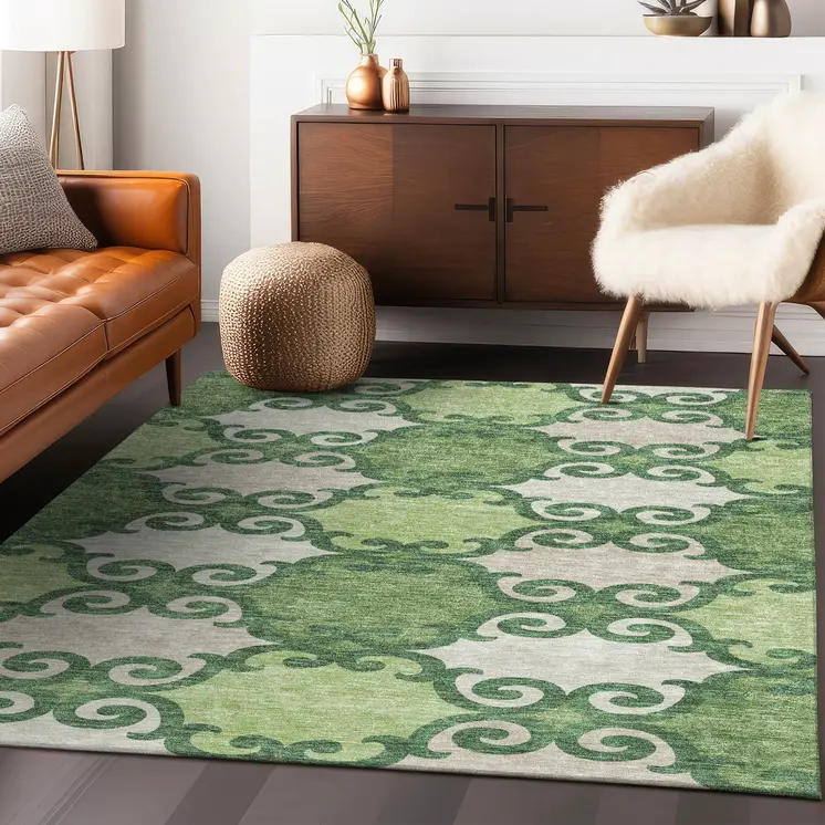 5' X 8' Green And Ivory Trellis Washable Indoor Outdoor Area Rug