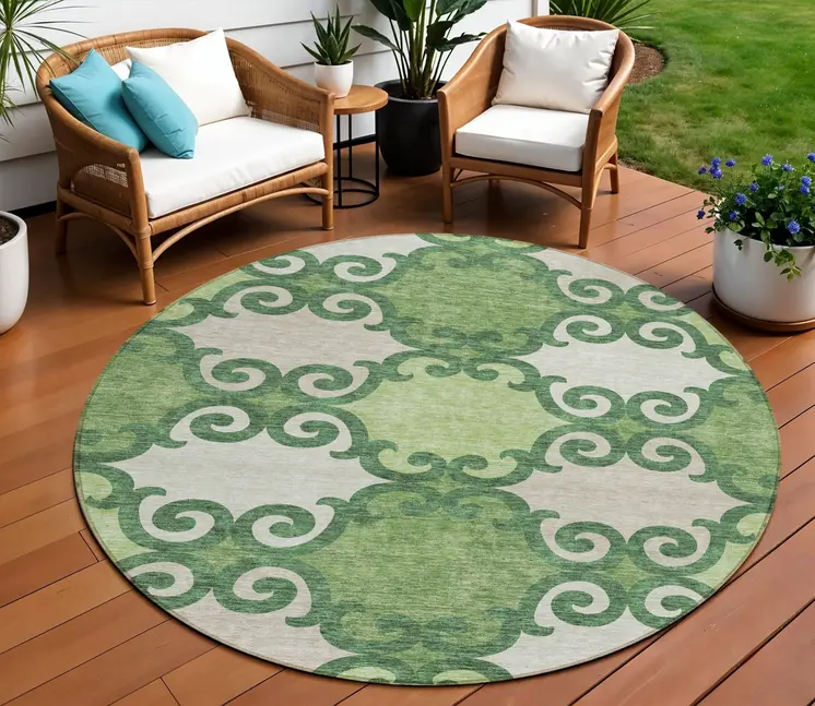 8' Green And Ivory Round Trellis Washable Indoor Outdoor Area Rug