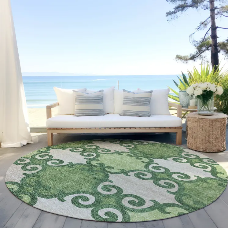 8' Green And Ivory Round Trellis Washable Indoor Outdoor Area Rug