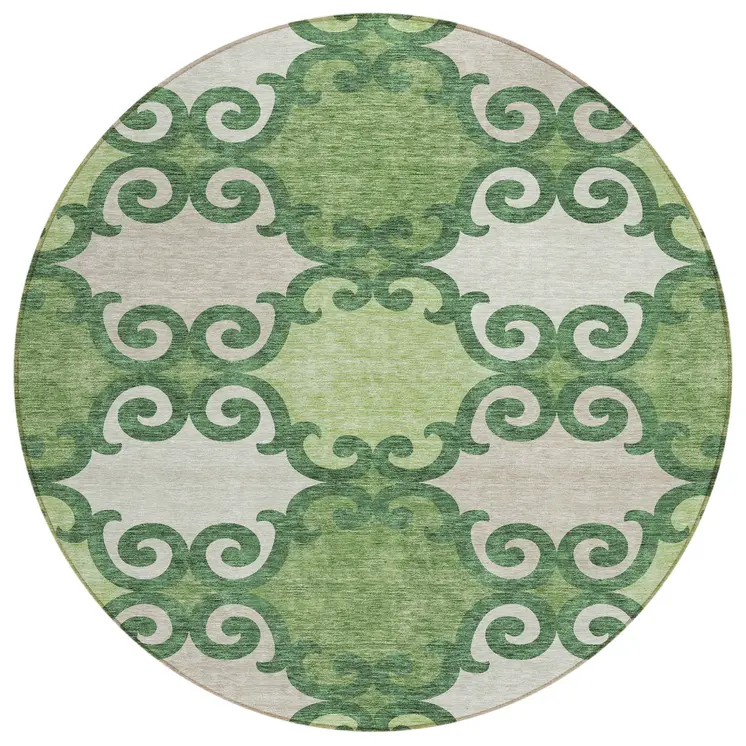8' Green And Ivory Round Trellis Washable Indoor Outdoor Area Rug