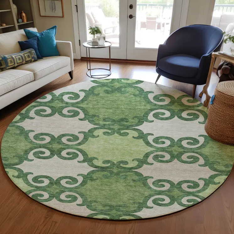 8' Green And Ivory Round Trellis Washable Indoor Outdoor Area Rug