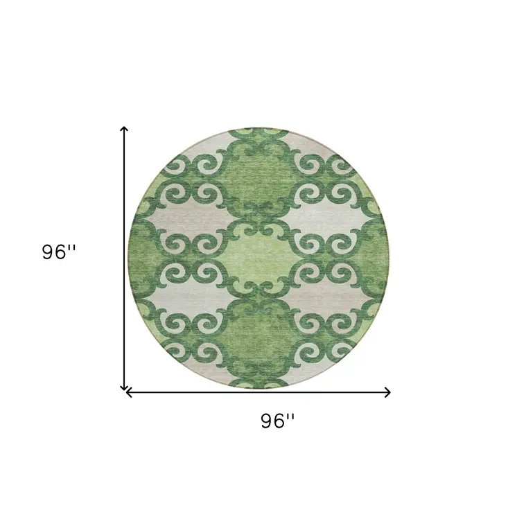 8' Green And Ivory Round Trellis Washable Indoor Outdoor Area Rug