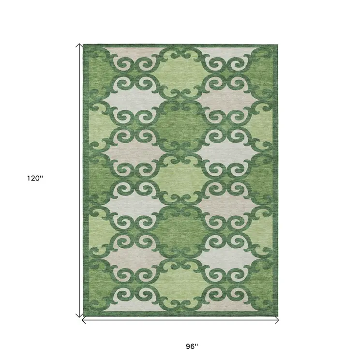 8' X 10' Green And Ivory Trellis Washable Indoor Outdoor Area Rug