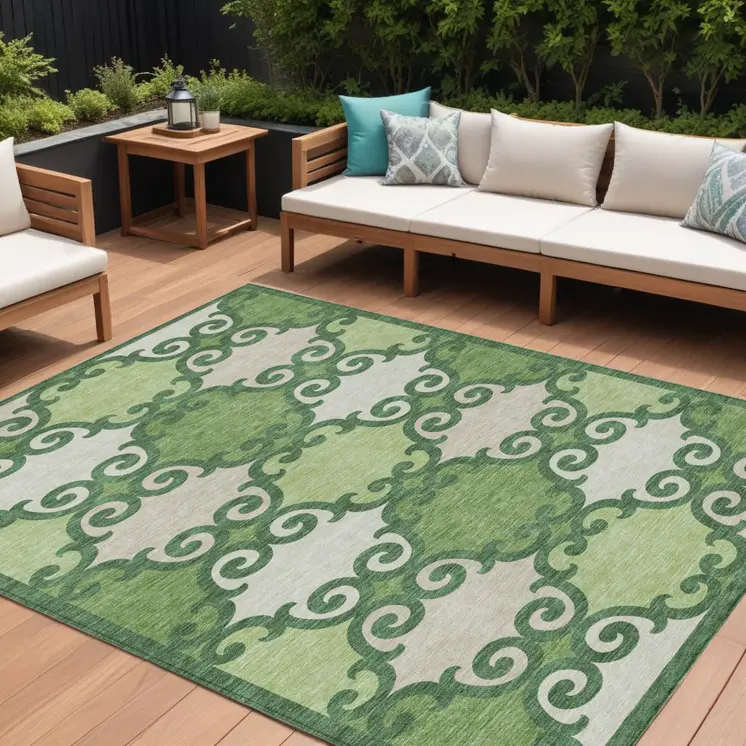 8' X 10' Green And Ivory Trellis Washable Indoor Outdoor Area Rug