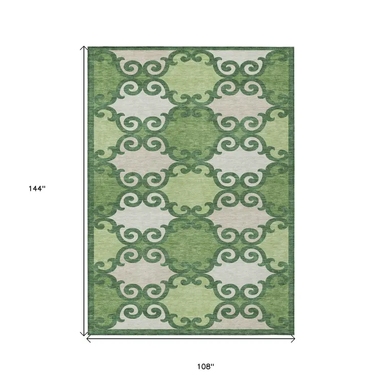 9' X 12' Green And Ivory Trellis Washable Indoor Outdoor Area Rug