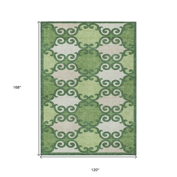 10' X 14' Green And Ivory Trellis Washable Indoor Outdoor Area Rug
