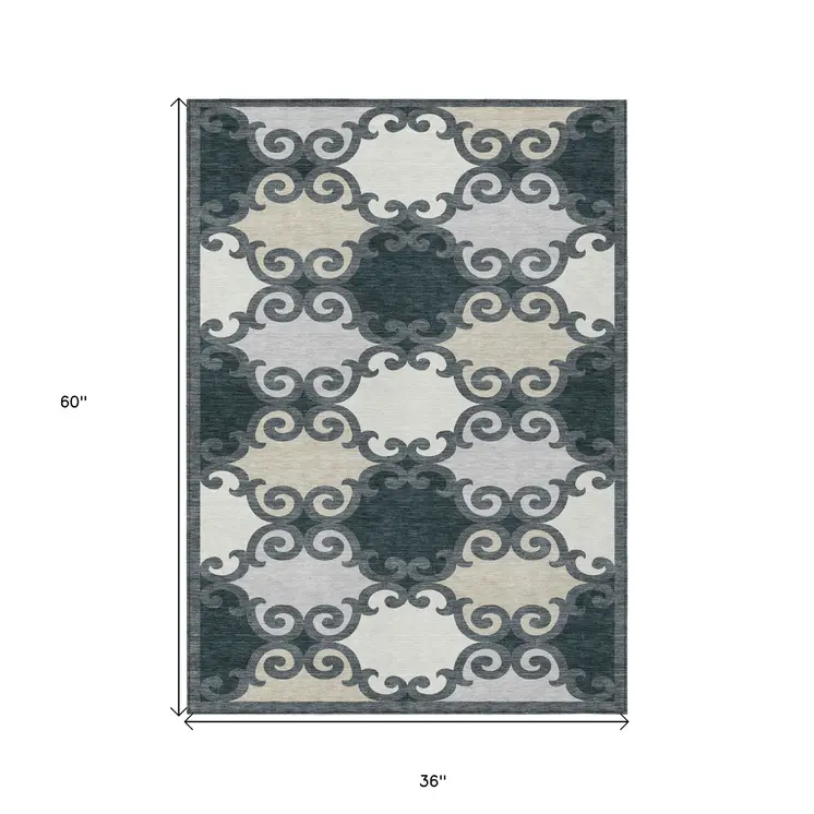 3' X 5' Gray And Ivory Trellis Washable Indoor Outdoor Area Rug