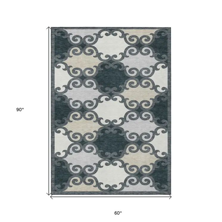 5' X 8' Gray And Ivory Trellis Washable Indoor Outdoor Area Rug