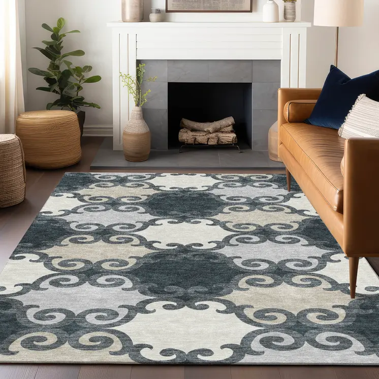 5' X 8' Gray And Ivory Trellis Washable Indoor Outdoor Area Rug