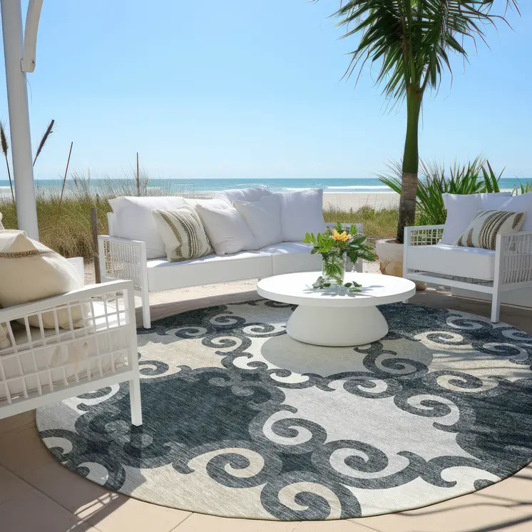8' Gray And Ivory Round Trellis Washable Indoor Outdoor Area Rug