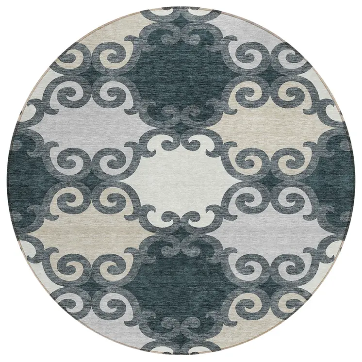 8' Gray And Ivory Round Trellis Washable Indoor Outdoor Area Rug