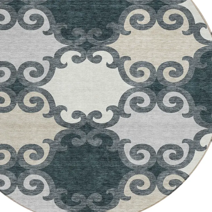 8' Gray And Ivory Round Trellis Washable Indoor Outdoor Area Rug