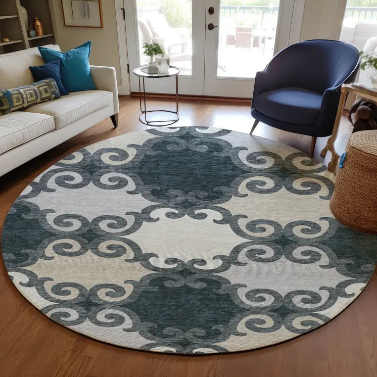 8' Gray And Ivory Round Trellis Washable Indoor Outdoor Area Rug