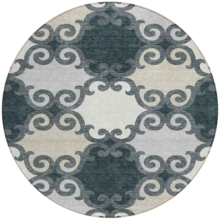 8' Gray And Ivory Round Trellis Washable Indoor Outdoor Area Rug