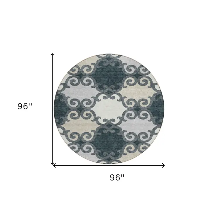 8' Gray And Ivory Round Trellis Washable Indoor Outdoor Area Rug