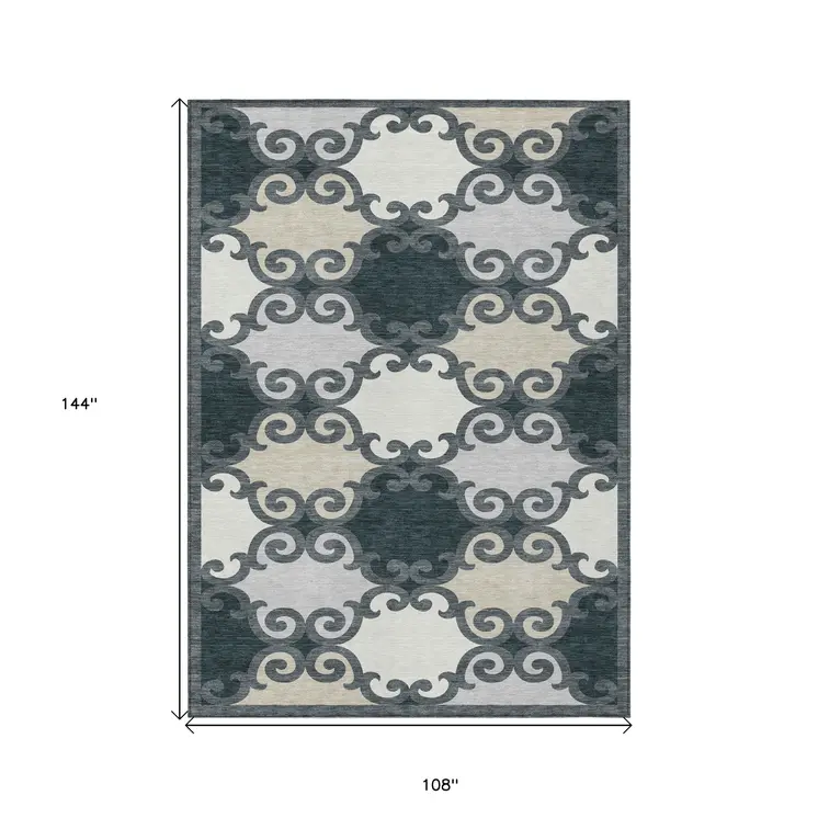 9' X 12' Gray And Ivory Trellis Washable Indoor Outdoor Area Rug